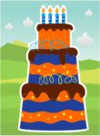Blue and orange color cake with lighted candles