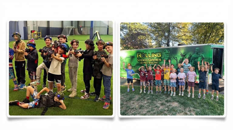 Kids playing laser tag at outdoor birthday party Connecticut