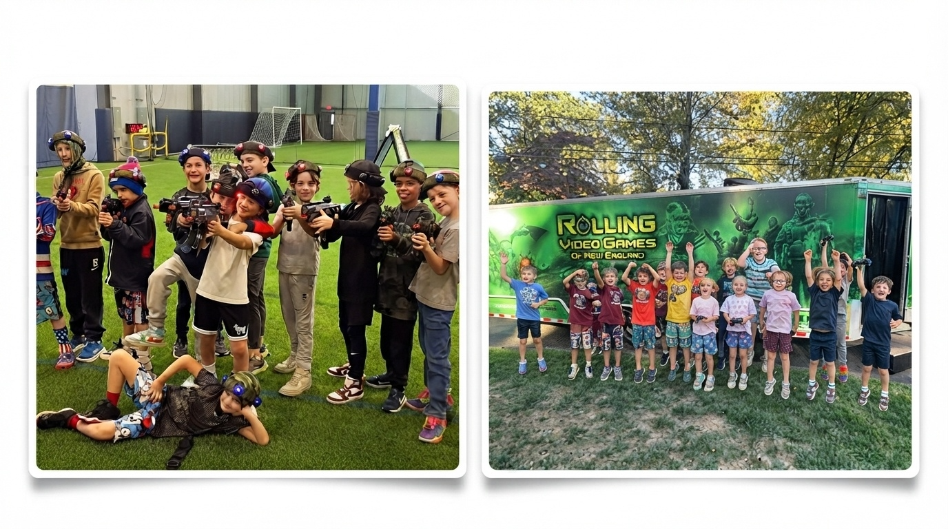 Kids playing laser tag at outdoor birthday party Connecticut
